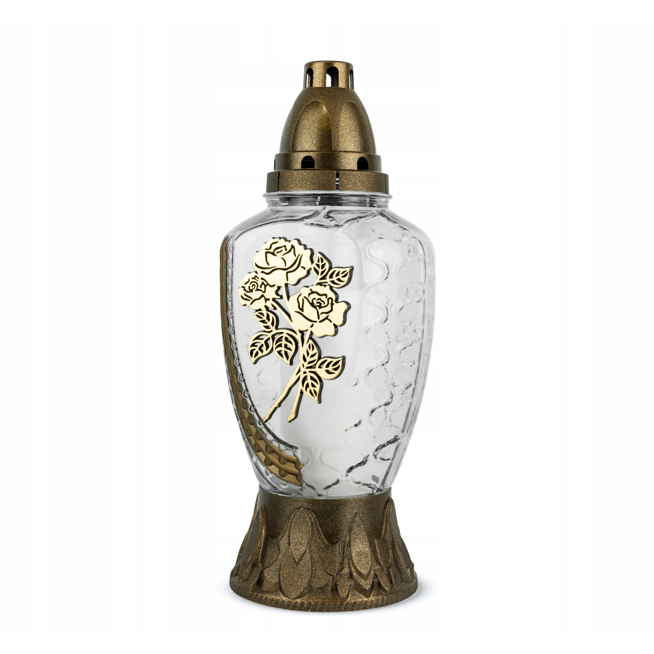 Glass Memorial Candle With , 31 Cm Height, Golden Finish, Decorative Cemetery Lantern With Refillable Insert, Elegant Remembrance Light