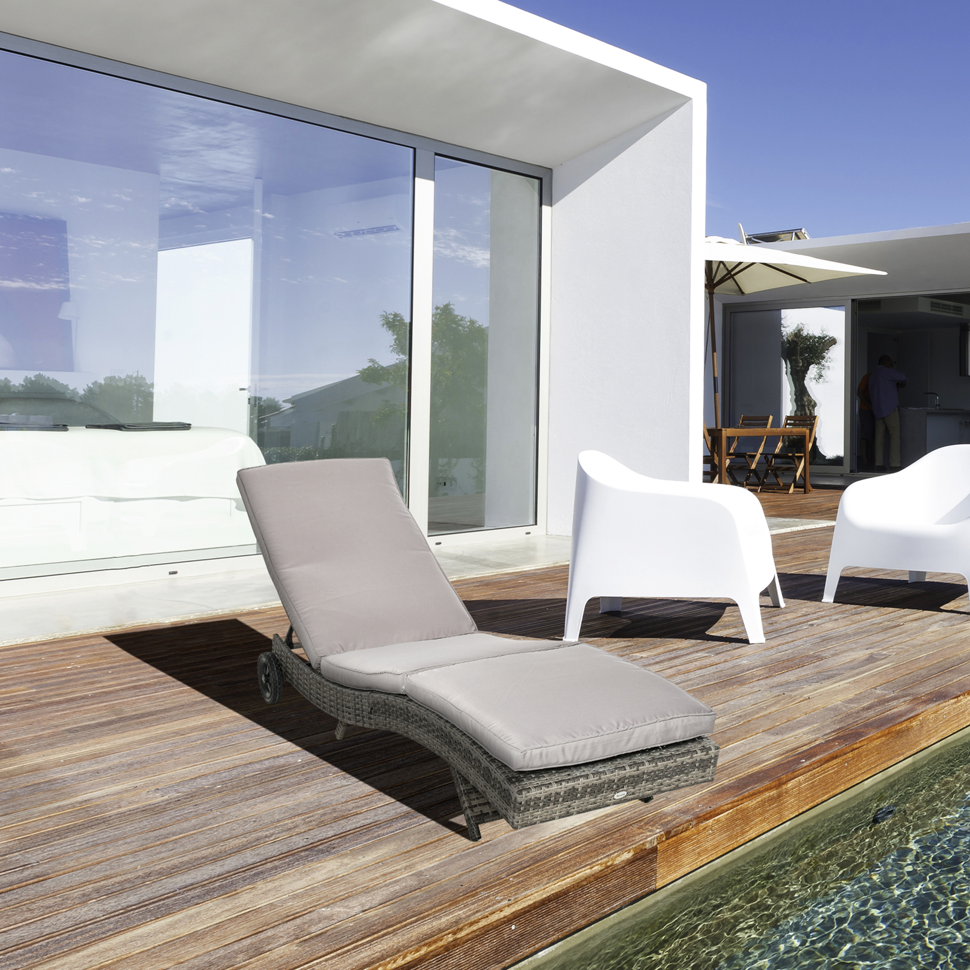 Image of Outsunny High- Lounge Chair With 5-position Reclining Backrest, Wheels, And Removable Mattress - Woven Gray Resin
