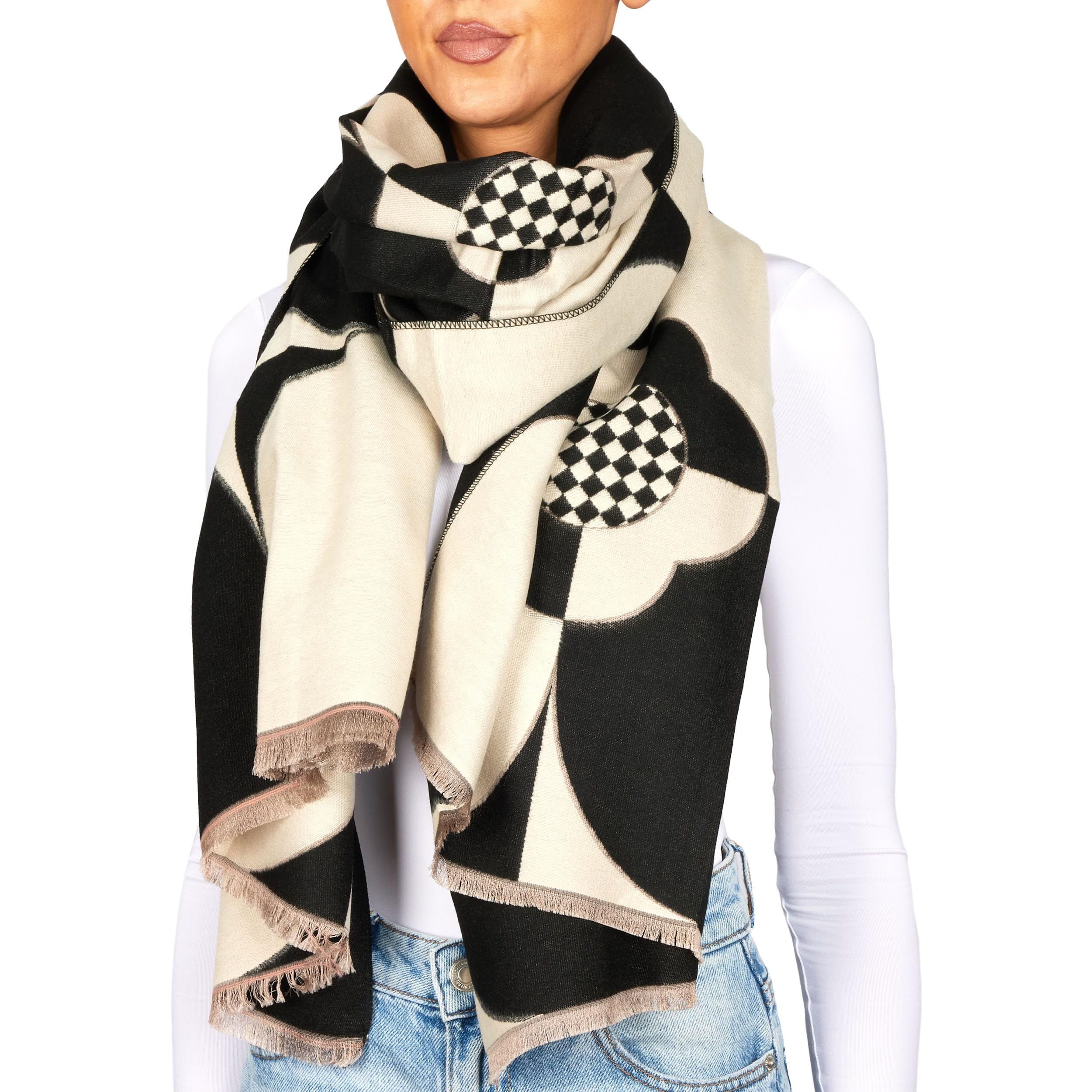 Image of Brubaker Women's Scarf With Modern Pattern - 70 X 200 Cm - Warm, Cozy & Oversized - Women's Scarf For Autumn & Winter - Winter Scarf - Soft Cashmere Feel - Black & White