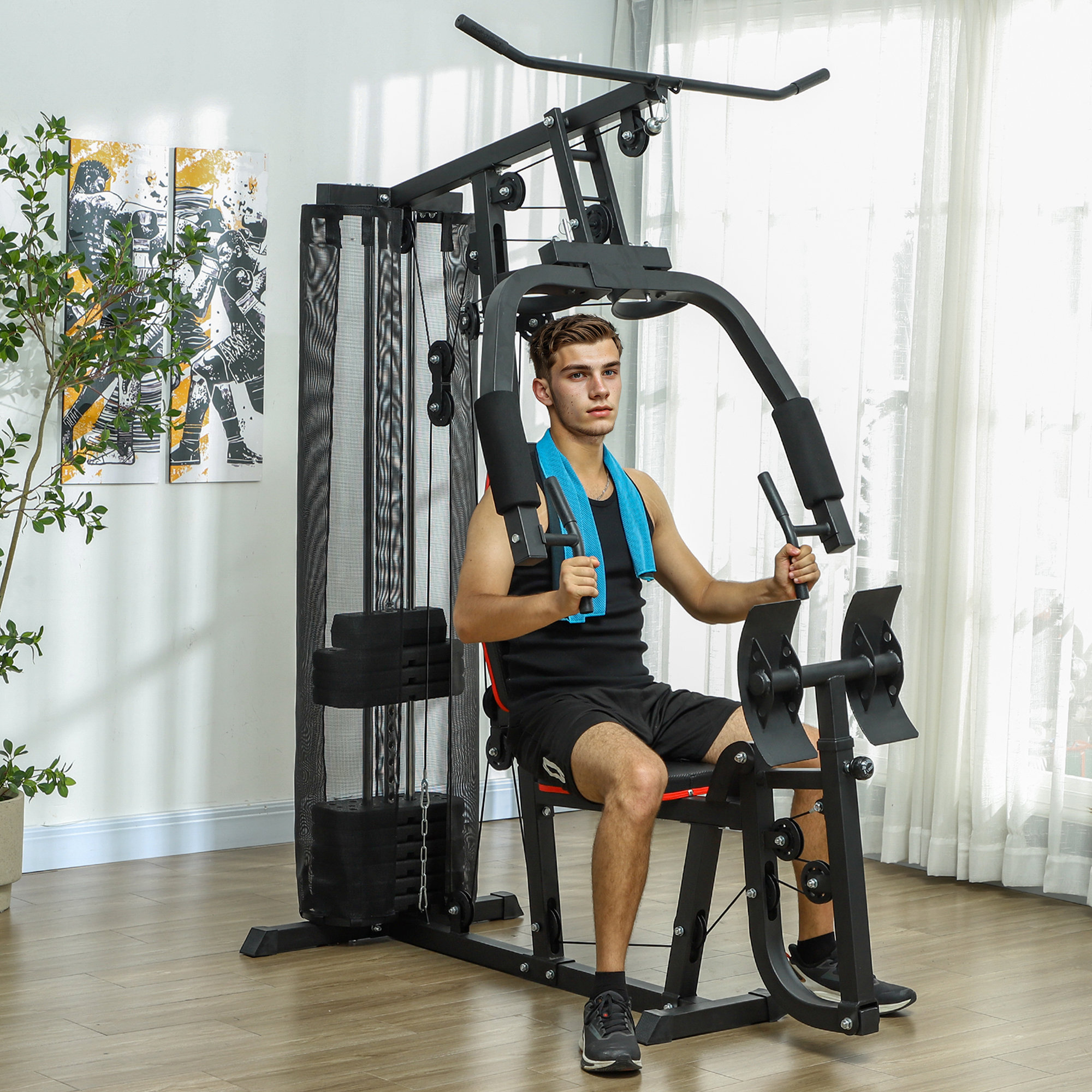 Image of Sportnow Power Station, Multifunctional With Lat Pulldown & Bar, Leg Press, Fitness Equipment With 45 Kg Weight Blocks For Home, Black