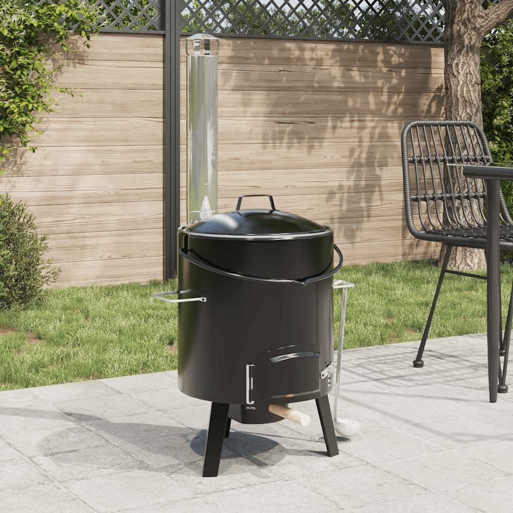 Image of Vidaxl Cannon, Oven With Smoke Exhaust Lid, One-pot Stove For Garden Party Outdoor Kitchen Camping, Kettle, Black Steel Enamelled