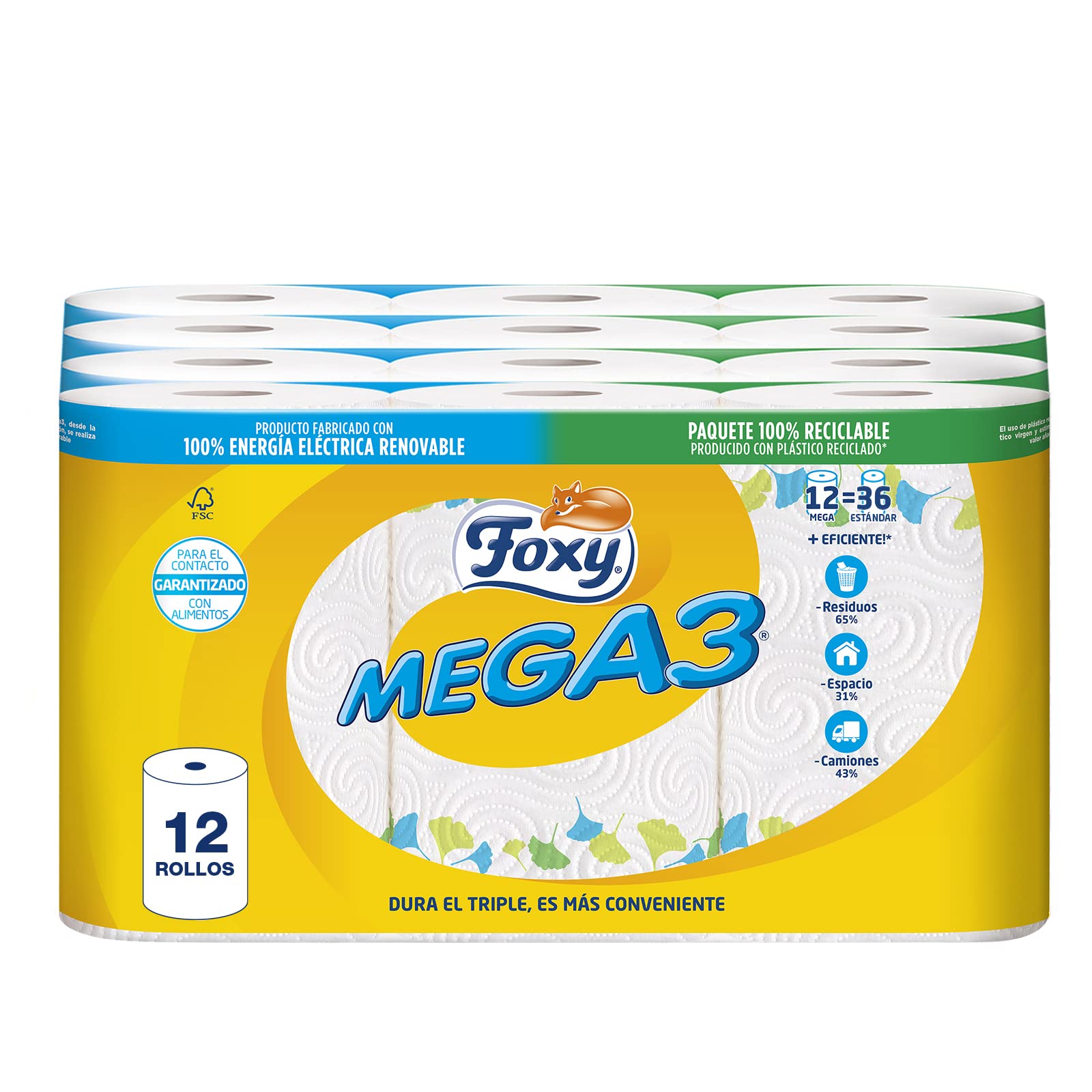 Foxy | Kitchen Paper 12 Triple Rolls | 120 Sheets Per Roll | Decorated