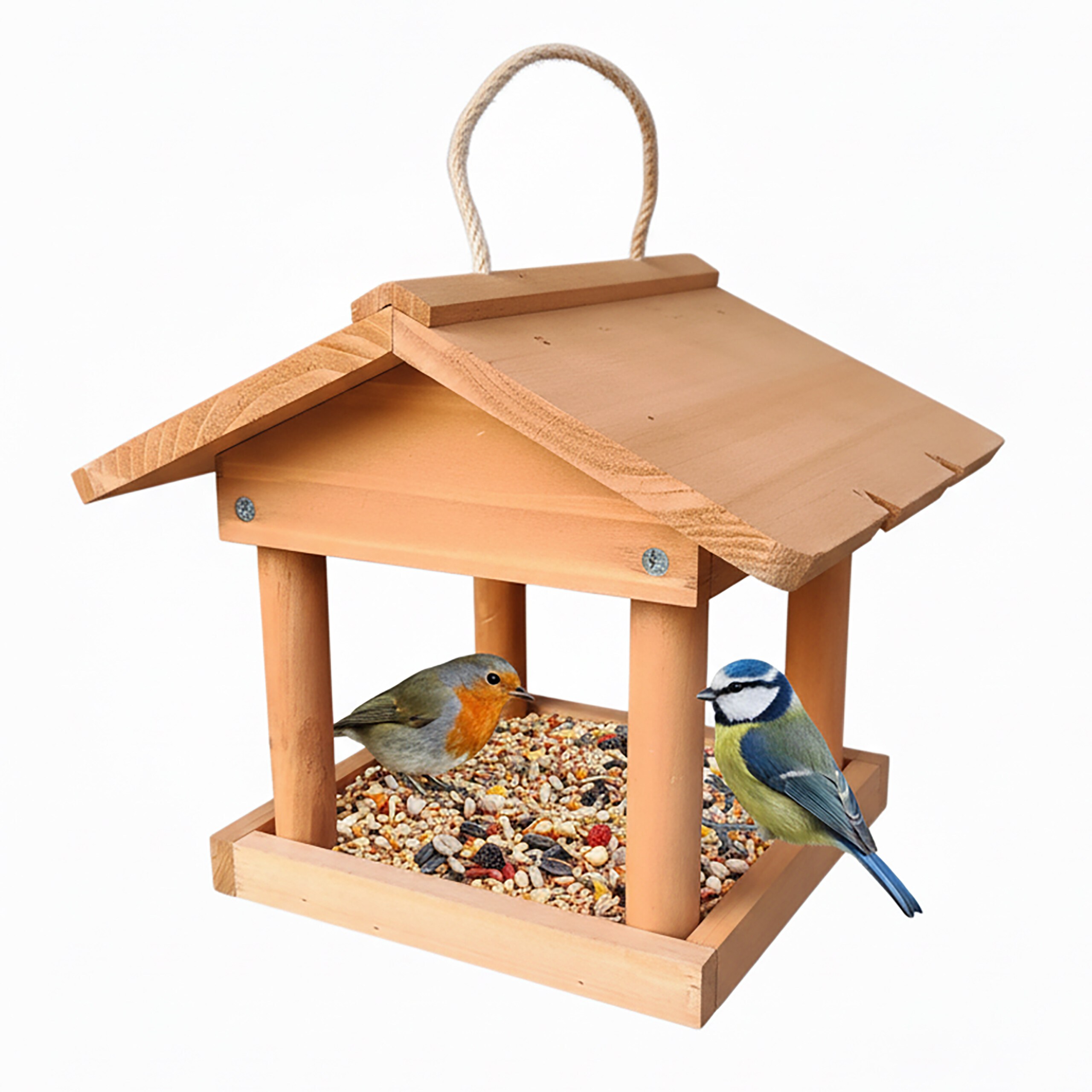 Image of Bird Feeder House Hanging, Orange, 22 X 26 X 22 Cm, Pine Wood, Open Feeding Station, 20 Cm Long Loop, For Garden, Balcony, And Terrace, Bird Feeder, Birdhouse, Wild Bird Feeding Station, Relaxdays