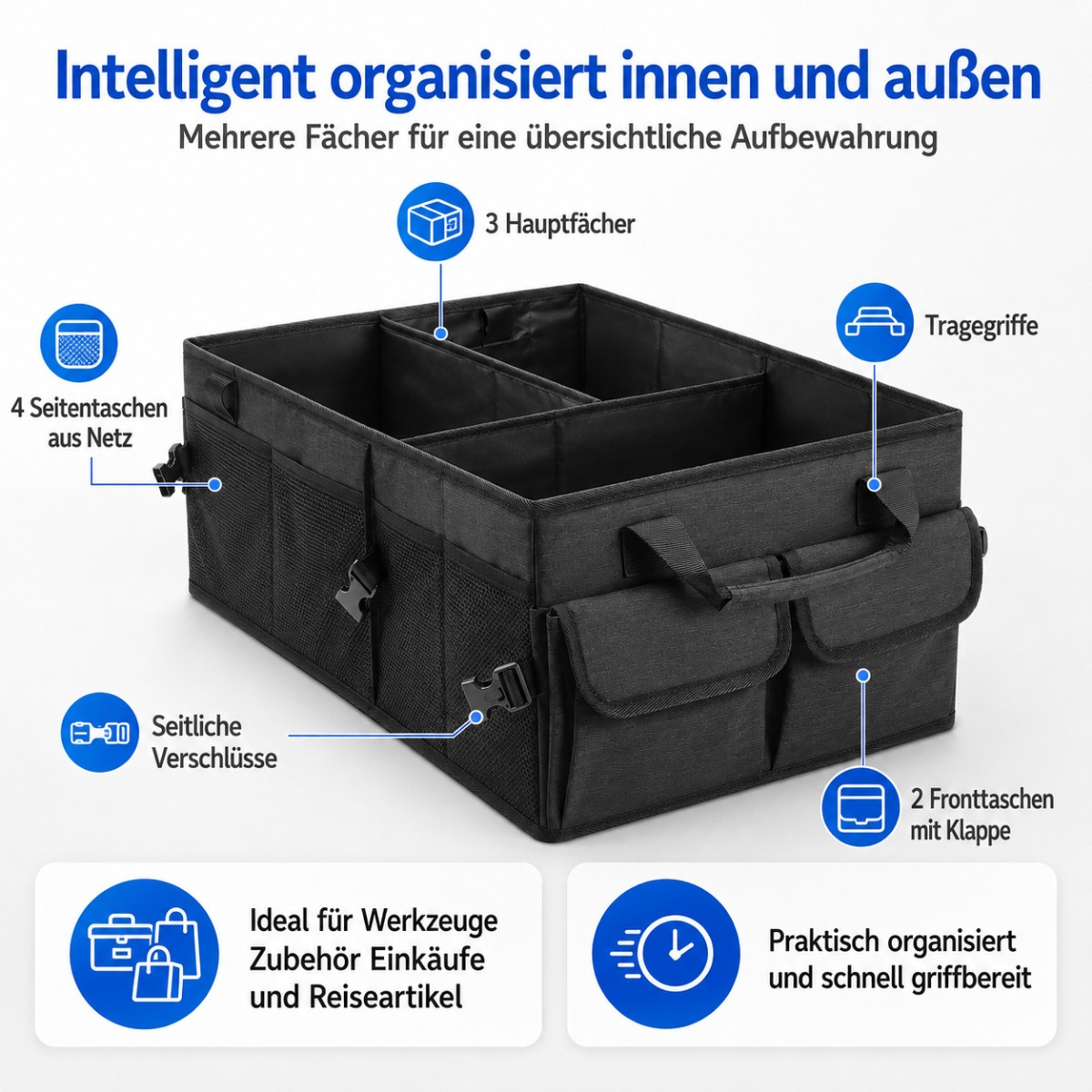 Large Car Trunk Organizer Foldable Storage Box With Compartments Mesh Pockets Carrying Handles And Closures For Suv Sedan Shopping Travel Camping Please Check Size