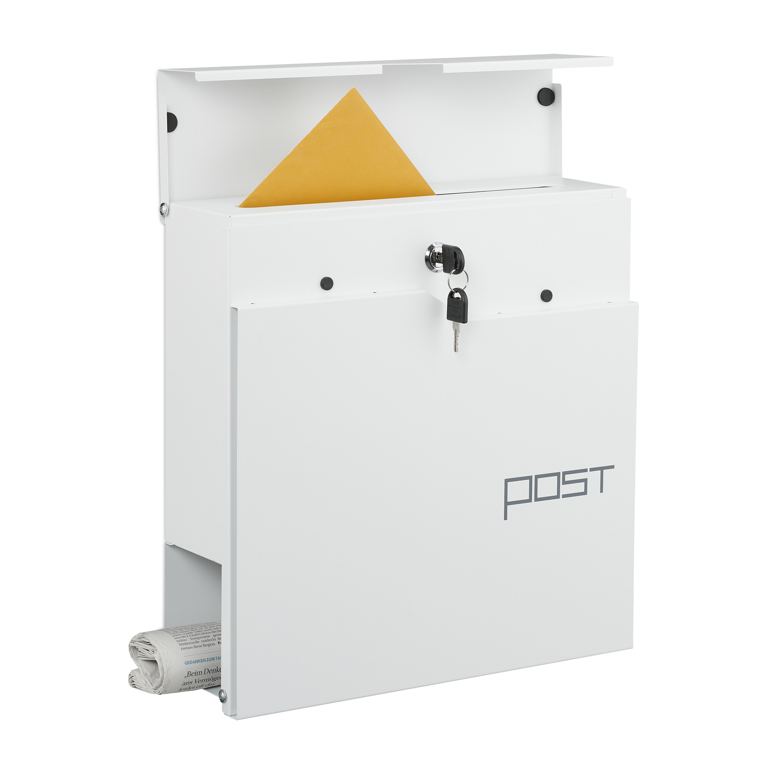 TEMU Mailbox With Newspaper Compartment, 4 Keys, Iron, 38 X 37 X 12 Cm, White, Matte Powder Coated, Wide Slot With Rain Guard Flap, Hidden Cylinder