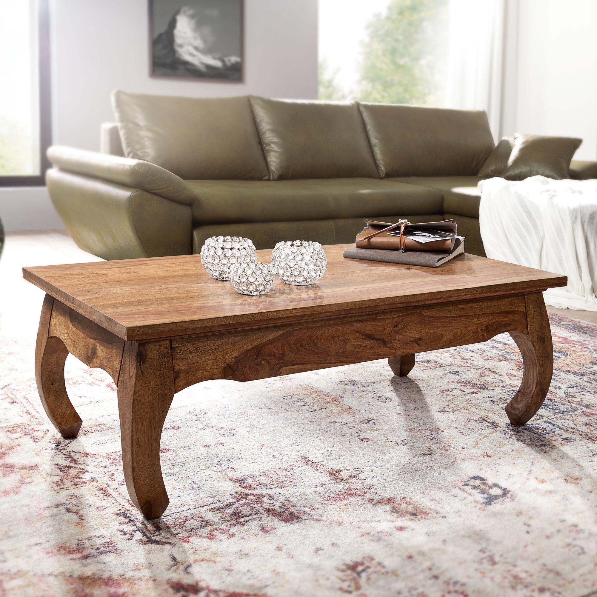 Solid Wood Coffee Table 110 Cm Wide Living Room Dark Brown Country House Style Side Table
