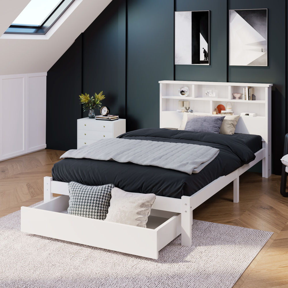 Image of White Bed Frame 90x200cm With Bookshelf | Modern Single Bed With Hidden Storage Space | High-quality Wood Components For Stability | No Slatted Base Required |