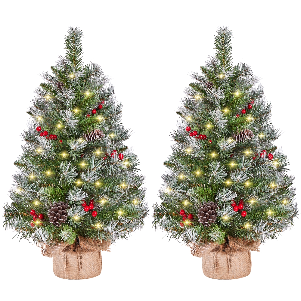Costoffs 2 Pack Mini Artificial Christmas Tree With Snow . Warm White Led & Red Berries & Pine Cones, Small Christmas Tree Table Tree For Christmas Decoration