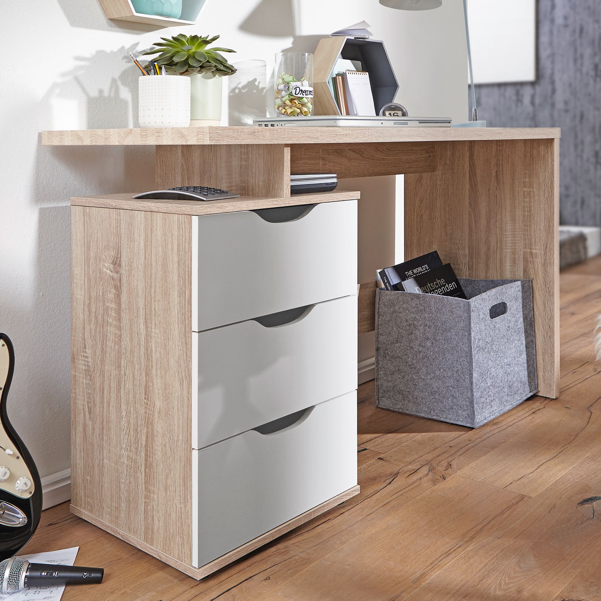 Image of Desk Massa 120 X 76 X 53 Cm With 3 Drawers In White, Desk For Teenagers, Space- Laptop Desk With Storage.