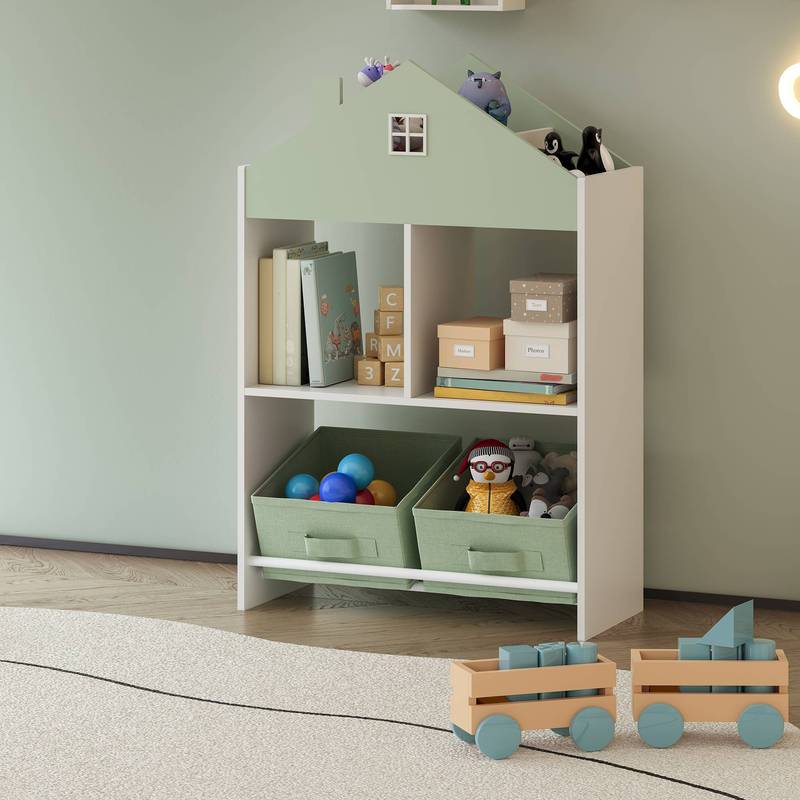Image of Vipsali Children's Shelf With 2 Foldable Boxes, House Optics, X 27 Cm, Mint Green / White