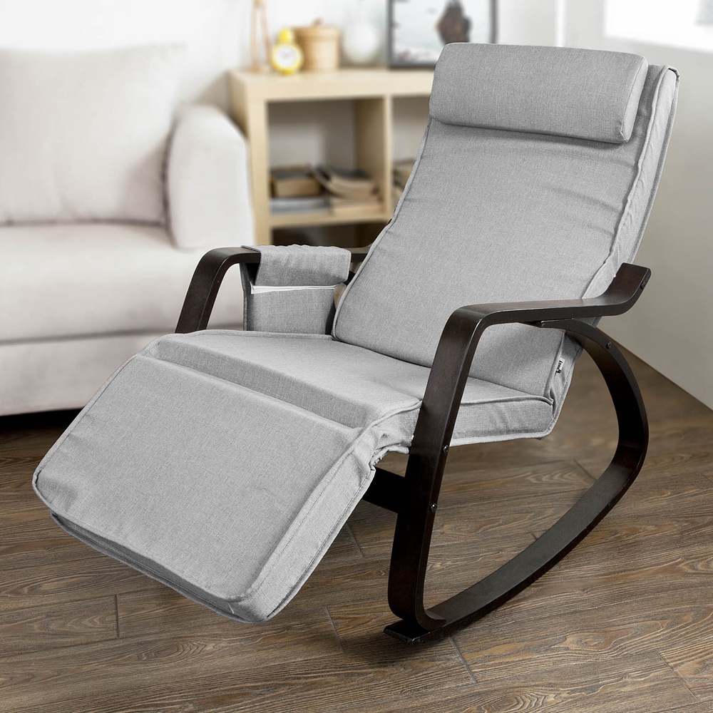 Image of Rocking Chair With Upholstery, Rocking Armchair With Headrest And Adjustable Footrest, Recliner With Side Pocket - Grey Fst20-hg