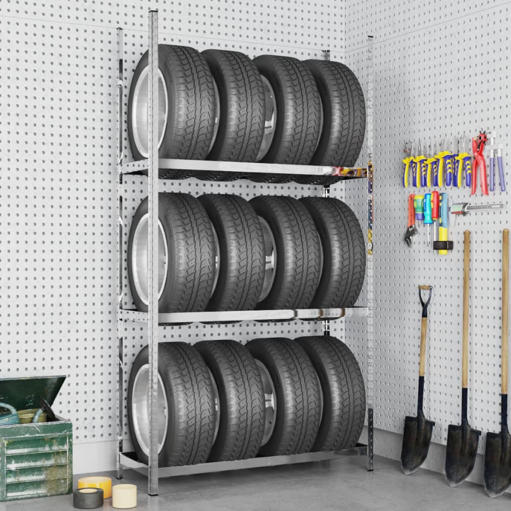 Image of Tire Rack With 3 Shelves, Silver, 110x40x200 Cm, Steel, Shelf, Industrial Shelf, Garage Shelf, Storage Shelf, Workshop Shelf, Rim Rack