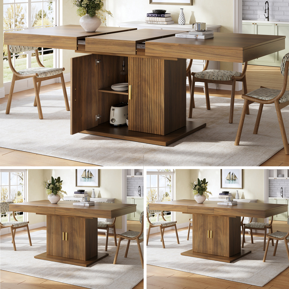 Image of Extendable Dining Table With Integrated Storage Space 140-180 Cm, Vertical Ribbed Doors, Removable Inserts, 2 Colors (light Oak / Walnut)