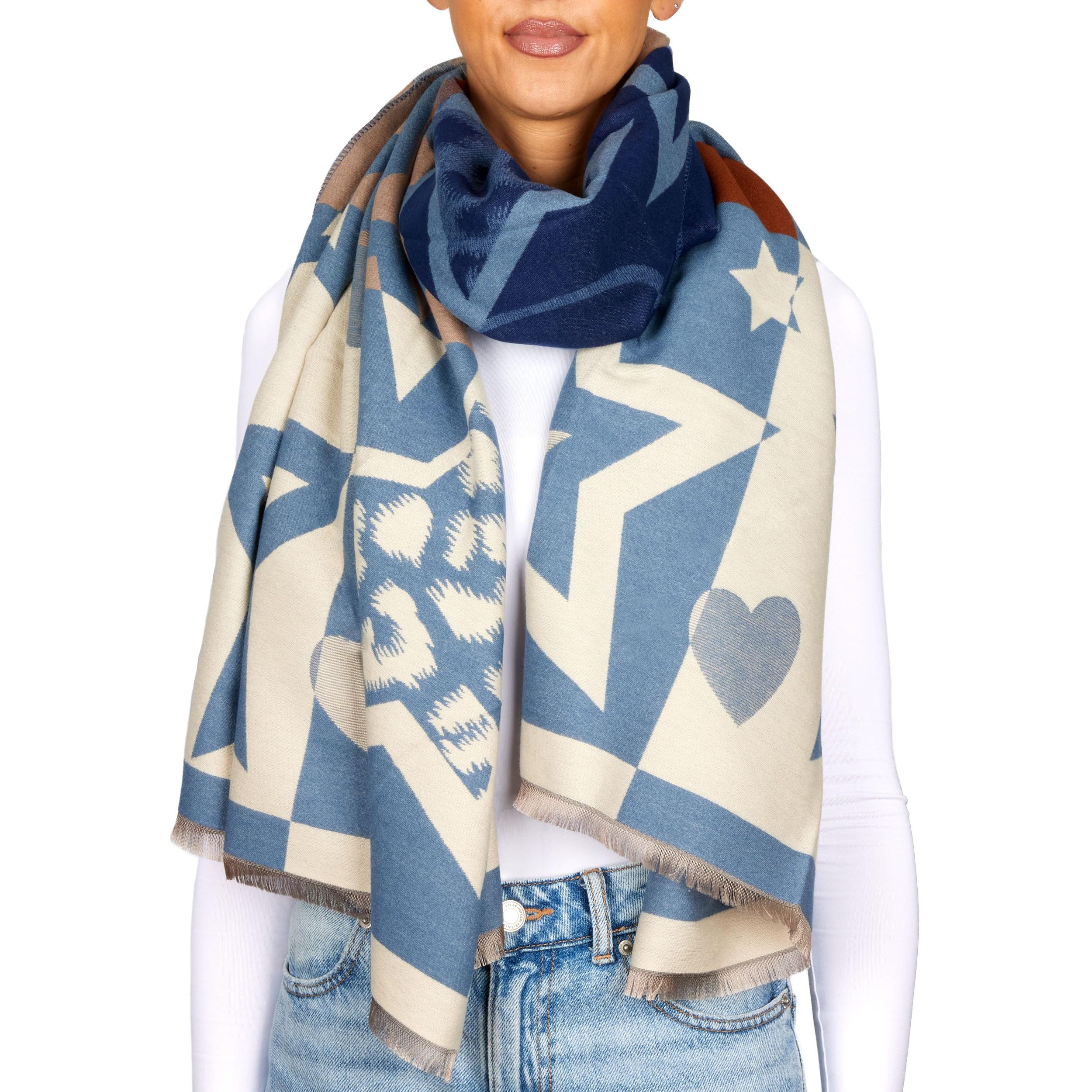 Image of Brubaker Women's Scarf With Star Pattern - 70 X 200 Cm - Warm, Cozy & Oversized - Women's Scarf For Autumn & Winter - Winter Scarf - Soft Cashmere Feel - Black, Brown & Beige