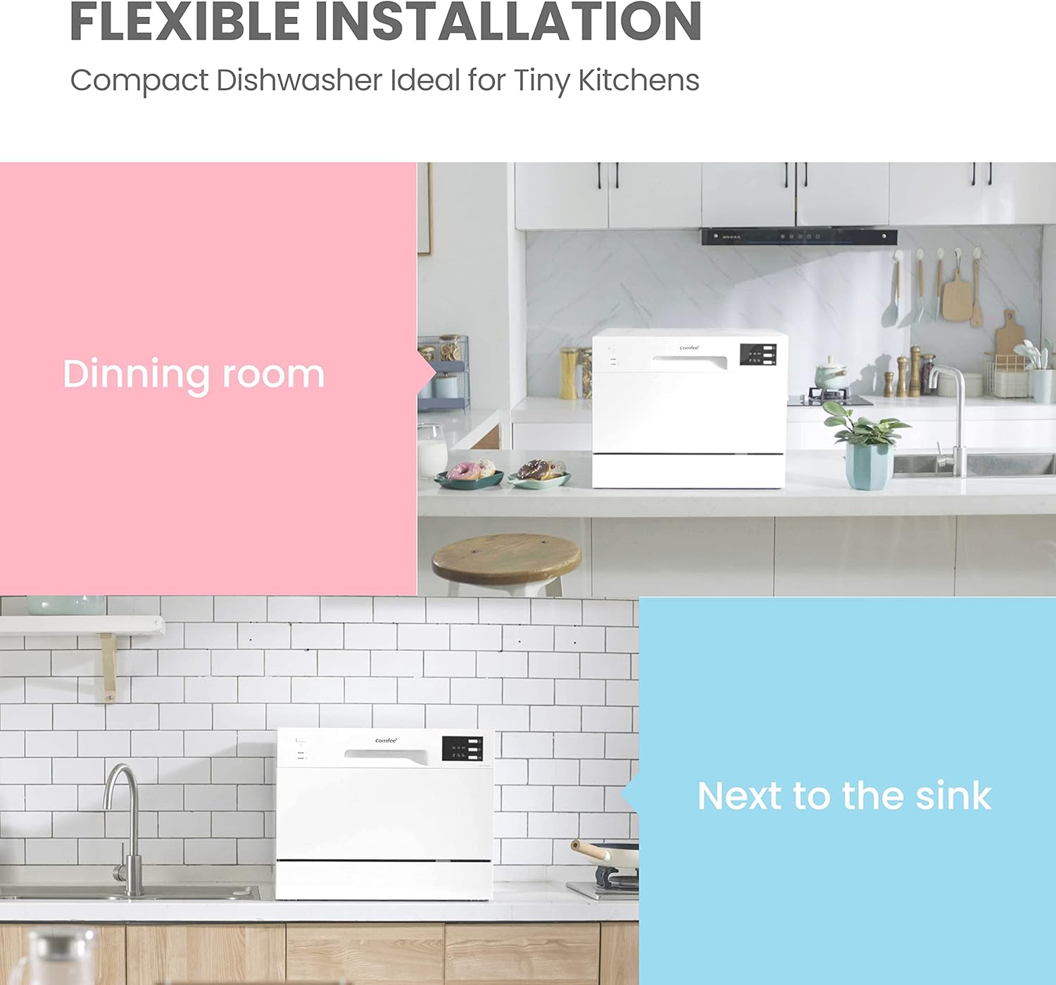 Midea COMFEE' Compact Tabletop Dishwasher – 6 Place Settings (Fits 67 Tableware Pieces, Up to 250mm Plates), 47dB Quiet Noise, Mini Countertop Size for Small Families & Couples, LED Display, 1-24H Delay Start, 6.5L Low Water (1/5 Vs Handwashing), White (Energy Class F) – Space-Saving for Small Kitchens