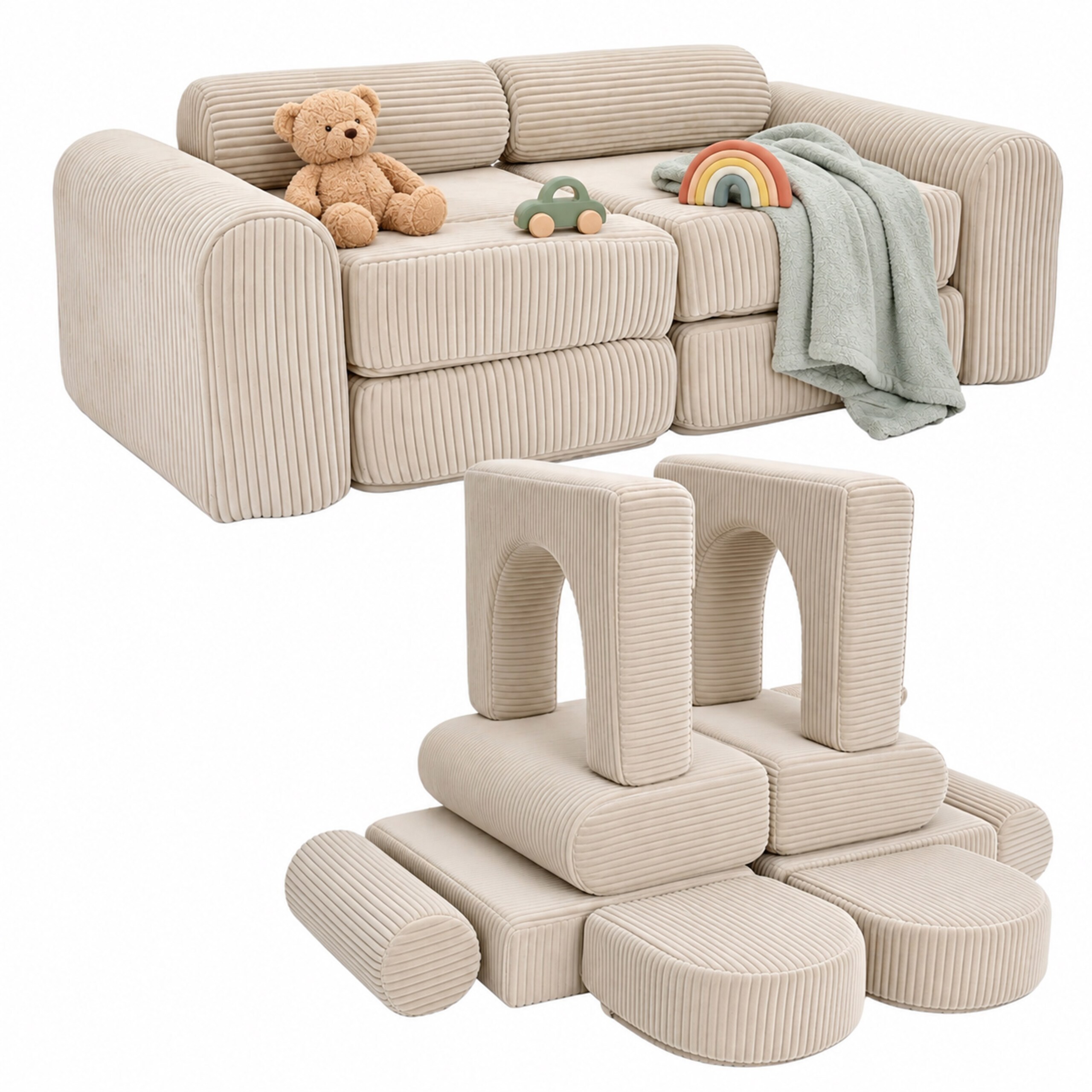 TEMU Canapé enfant modulable, 10 pièces, 32 x 108 x 50 cm, revêtement en velours avec mousse polyuréthane, beige, pour chambre d’enfant, jeux et