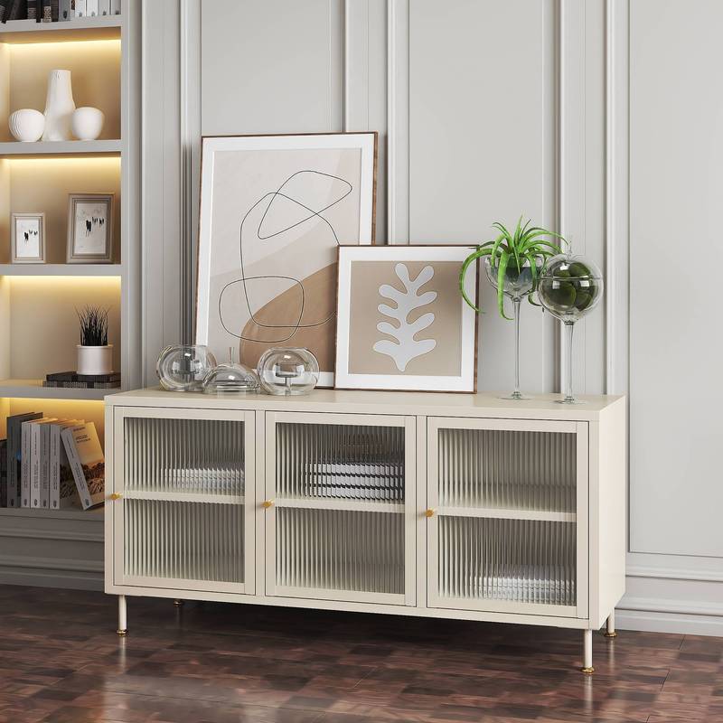 Image of Tv Cabinet With 3 Doors, Steel With Ribbed Glass, 120 X 40 X 59 Cm, Cream White