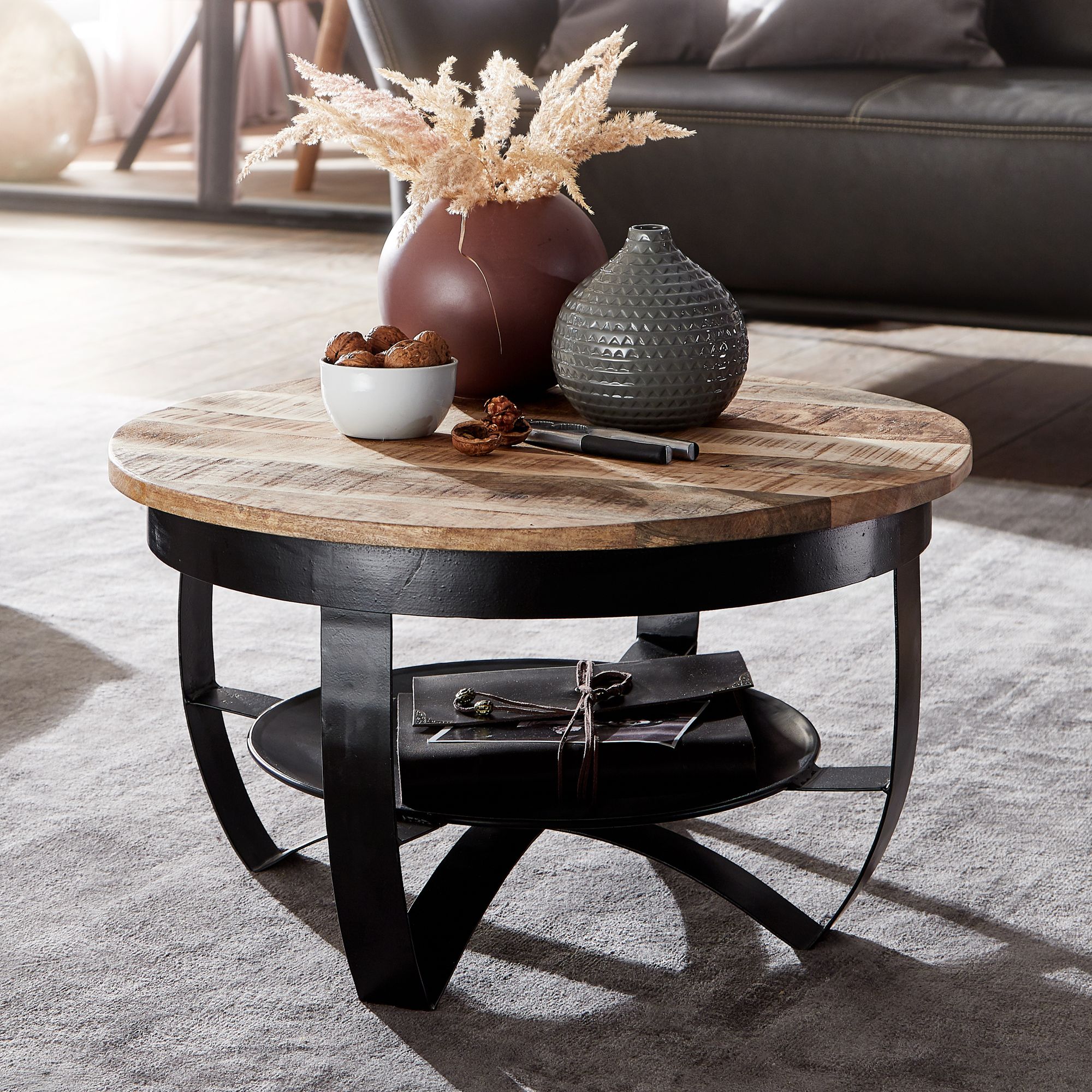 Coffee Table 60x34x60 Cm Mango Solid Wood / Metal Industrial Black Round, Living Room Table Solid, Small Table Salon Table Living Room