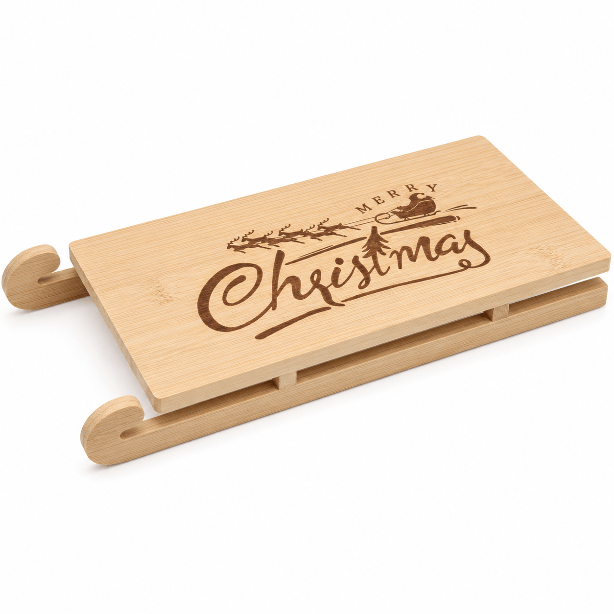 TEMU Trendyamo Christmas Sleigh-shaped Bamboo Tray 32 Cm, Laser Engraving And Sleigh Shape, For Festive Table, Breakfast, — Trays And Sets
