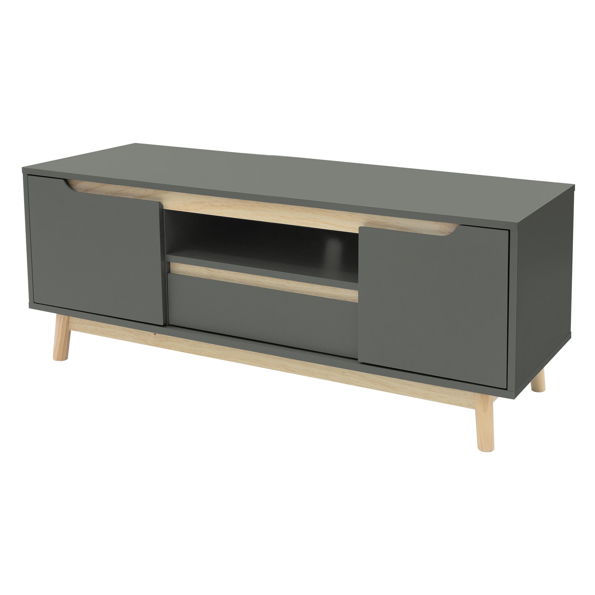 Image of Ml-design Tv Cabinet, Green-natural, Tv Stand With 2 Doors, Drawer, Shelf, Pine Wood Legs, Natural Design, Tv Cabinet For Living Room, Tv Lowboard For Tv