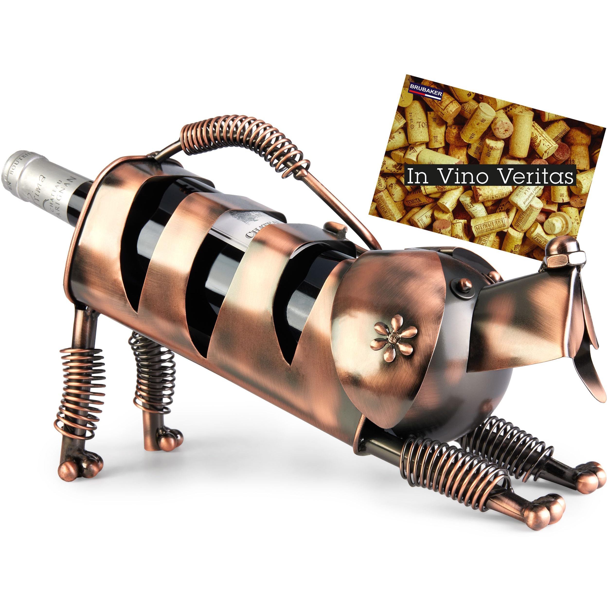 Image of Brubaker Dog Wine Bottle Holder - Copper-colored Metal Bottle Holder - Decorative Gift For Dog Owners - Metal Figurine Wine Gift Bottle Stand With Gift Card - Color: Copper