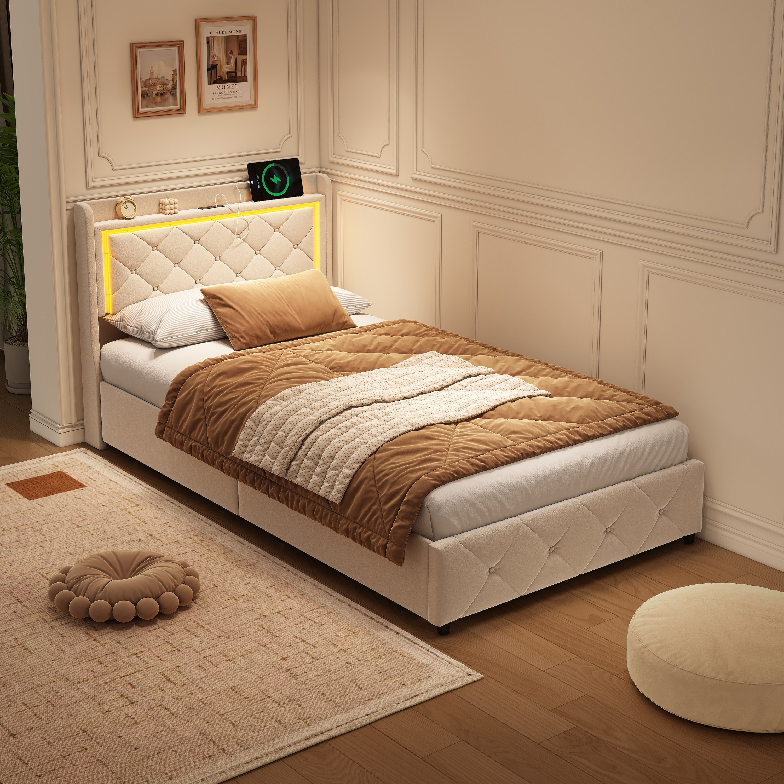 Image of 90 X 200 Cm Chest Bed With Led Lighting And Usb Port, Upholstered Single Bed With Storage Space And Headboard, Single Bed Frame (90 X 200 Cm) With Velvet Slatted Base