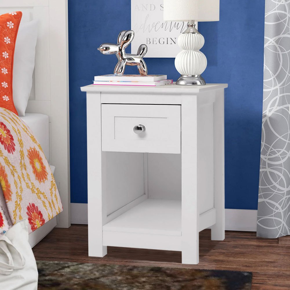 TEMU Bedside Table With Drawer & Open Storage, Artistic Wooden End Table, Multi-functional Nightstand With Silver Metal Handle, 28x30x45cm, White ,