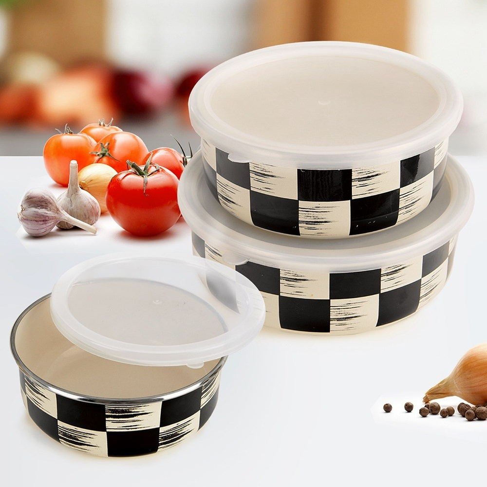 Image of Enamel Bowl With Lid "chessboard" 15.5 Cm, 800 Ml