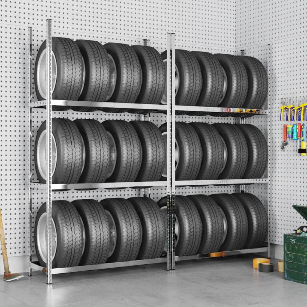 Image of Vidaxl Tire Racks With 3 Shelves, 2 Pcs, Silver, 110x40x200 Cm, Steel, Industrial Shelf, Garage Shelf, Storage Rack, Workshop Rack, Rim Rack