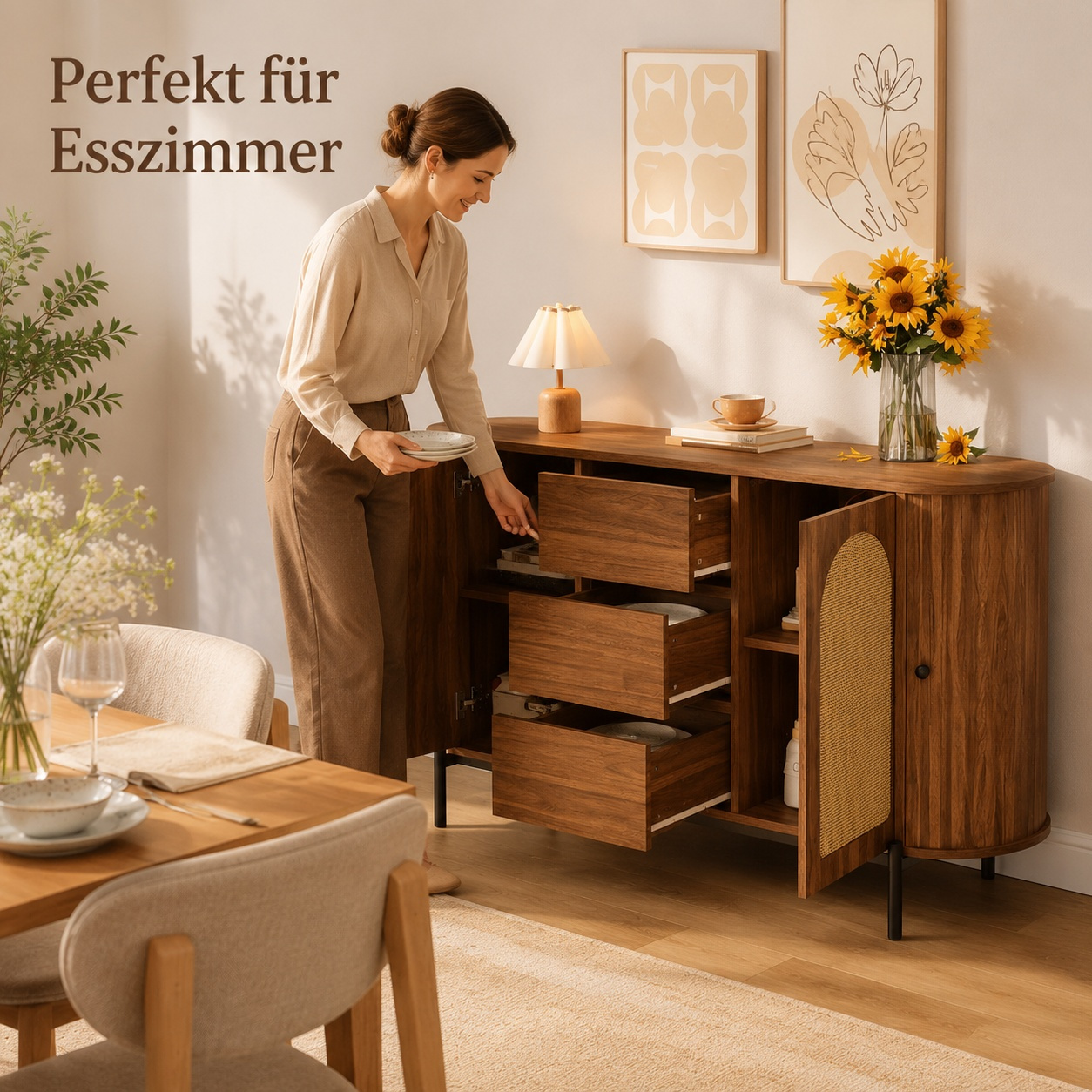 Mid-century Walnut-colored Rattan Sideboard With 3 Drawers, Storage Cabinet For Room Entrance Area