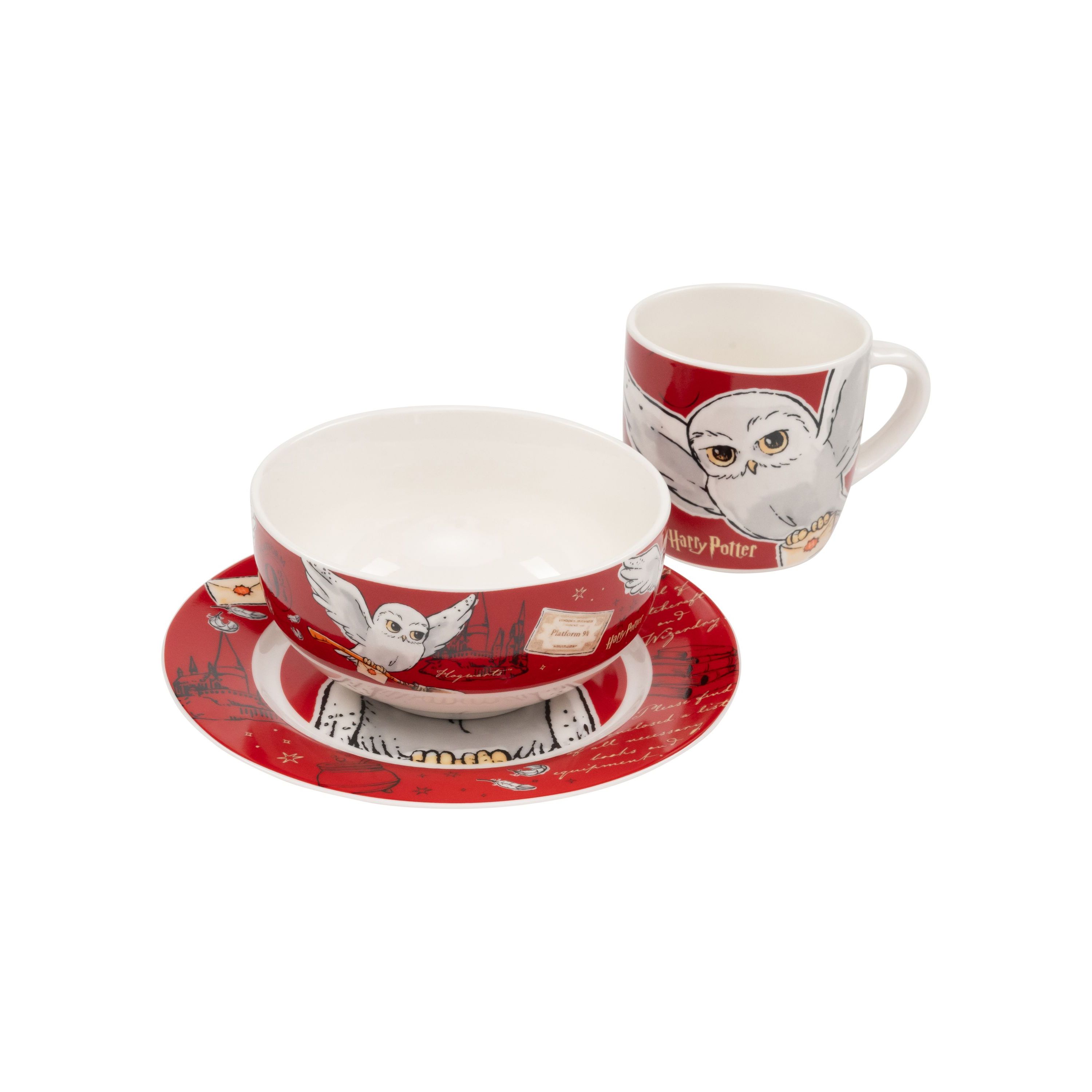Breakfast Set - Hedwig Owl Dish Set 3-piece Plate, Bowl & Cup In Red Porcelain