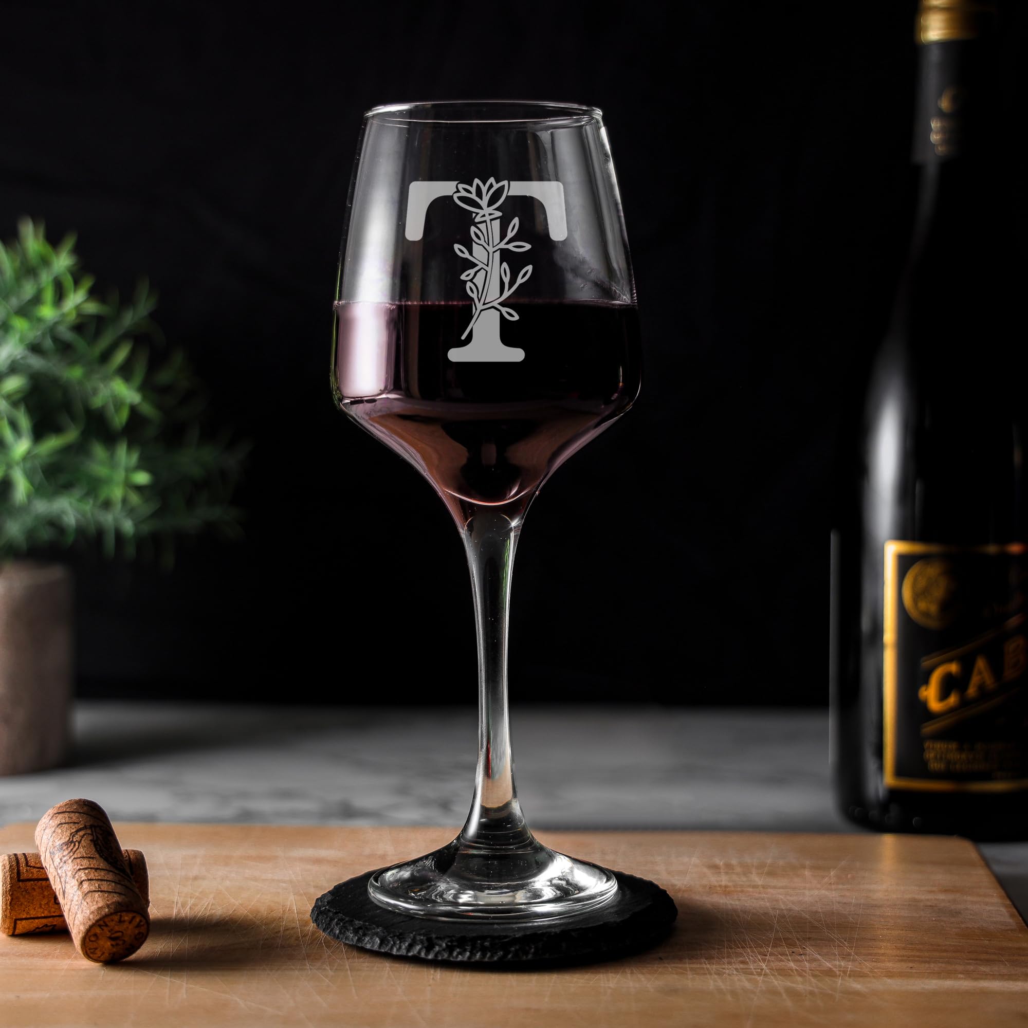 T Monogram Initial Etched Wine Glass Engraved Name