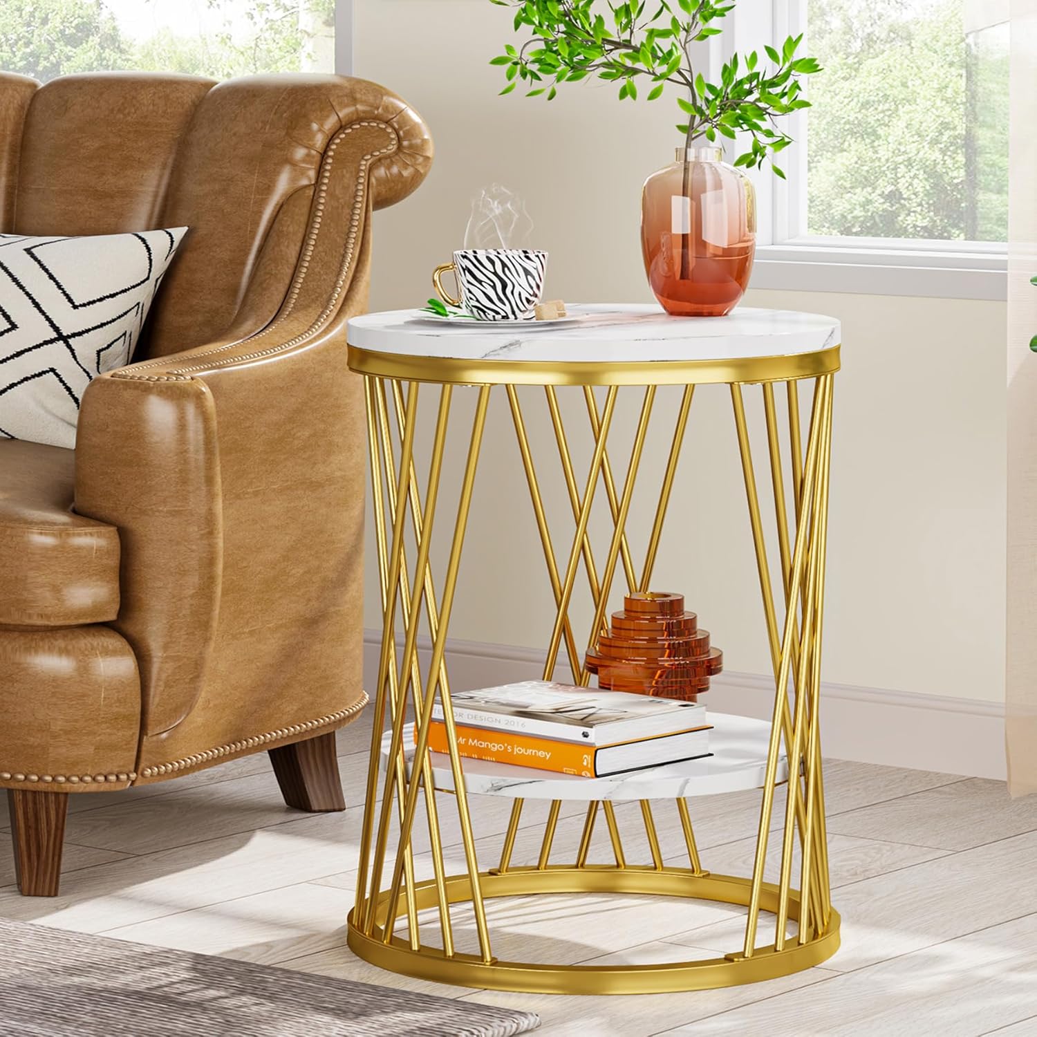Modern Round End Table, White Gold Side Table With Shelves, 2 Tier Bedside Nightstand Accent Table With Metal Frame, Slim Coffee Snack Table For Bedroom, Living Room, 1pc