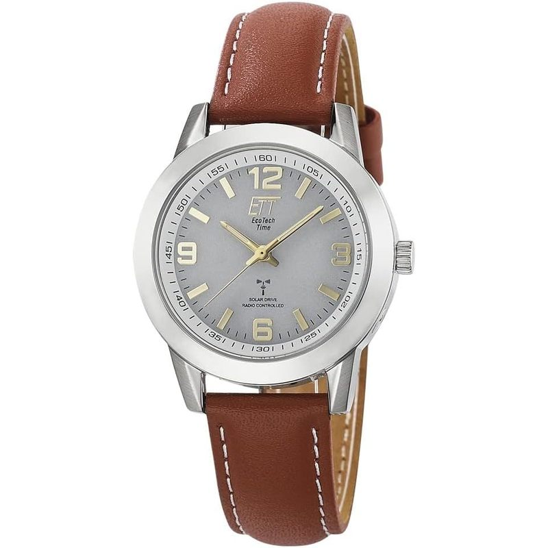 Women'S Solar Radio Analog Watch, Brown Leather Strap, Water Resistant 5 Bar, Sporty White Dial, Effortless Timekeeping