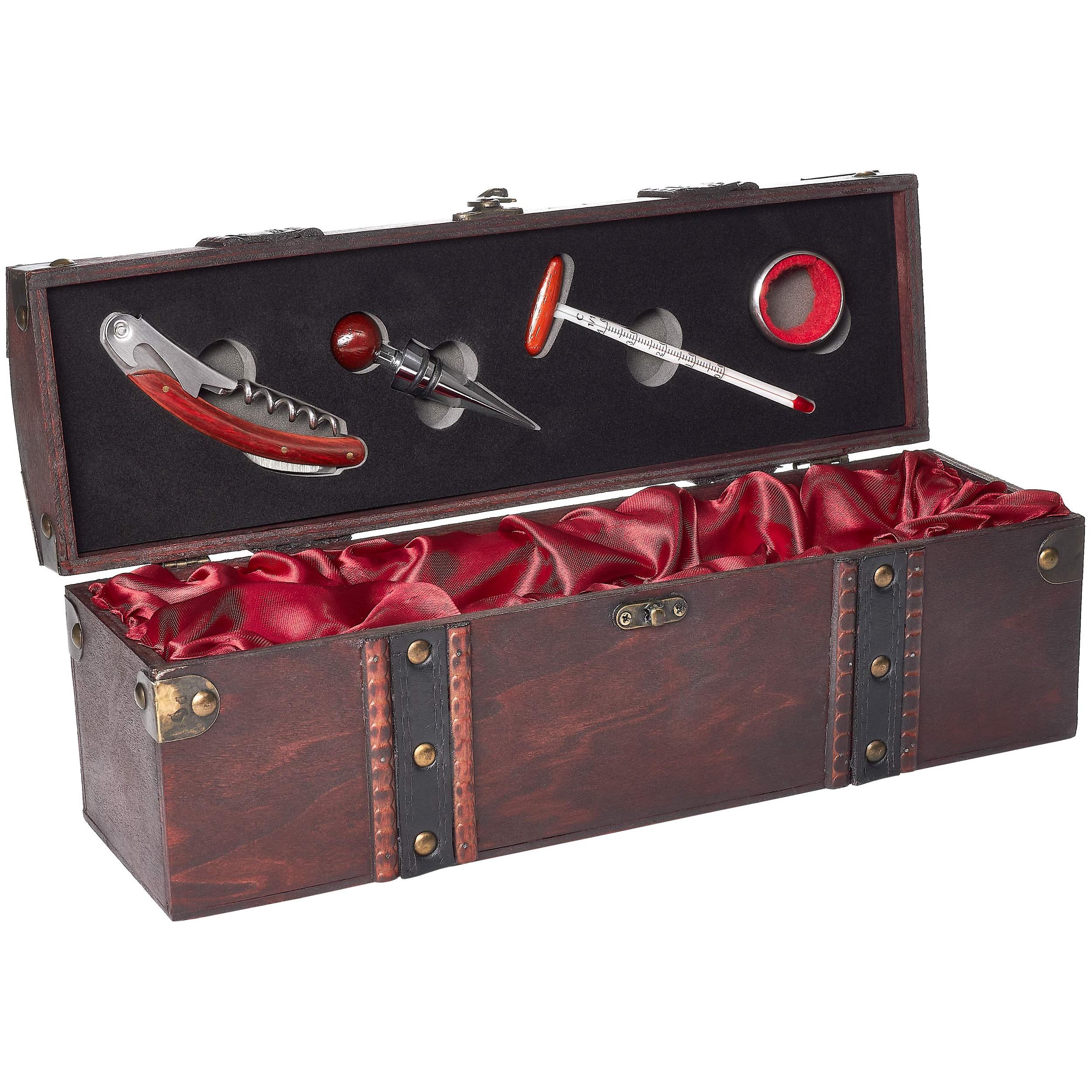 Image of Brubaker Bar Accessories Kit With Wooden Wine Crate - Sommelier Set In Stainless Steel With Waiter's Knife + Bottle Stopper + Wine Thermometer + Drip Ring For Wine Gift Set