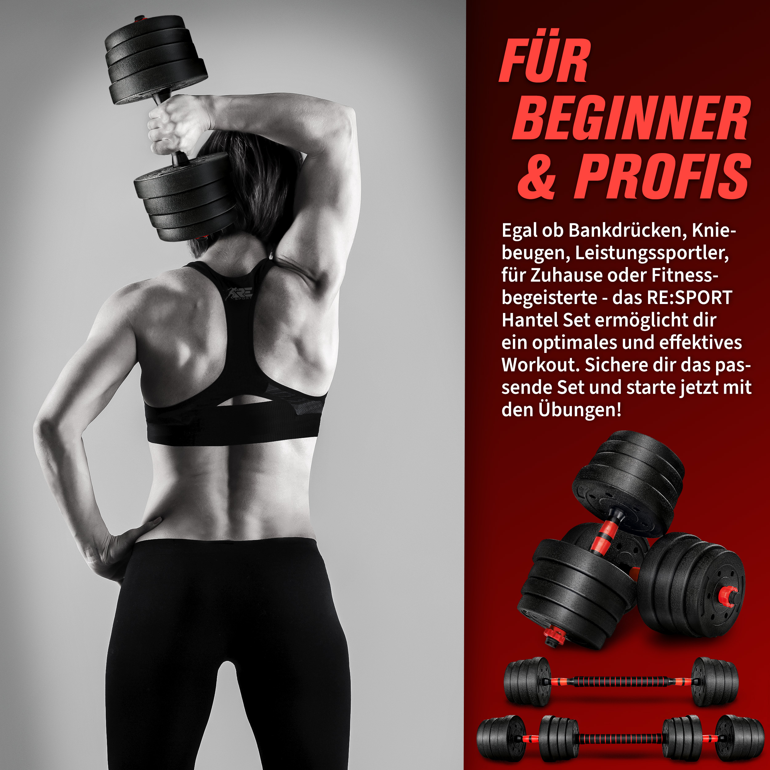 RE:SPORT 2-in-1 Dumbbell Set 20 kg | Verstelbare Dumbbell Set | Korte Dumbbell & Lange Dumbbell | Sterluchtingen & Verbindingsbuis