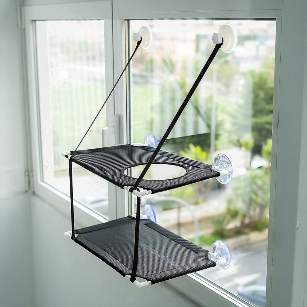 TEMU Cat Hammock Bed, 2 Tier Cat Window Perch, 50cm Large Cat Shelf With Strong Suction Cups, To 10kg, Black
