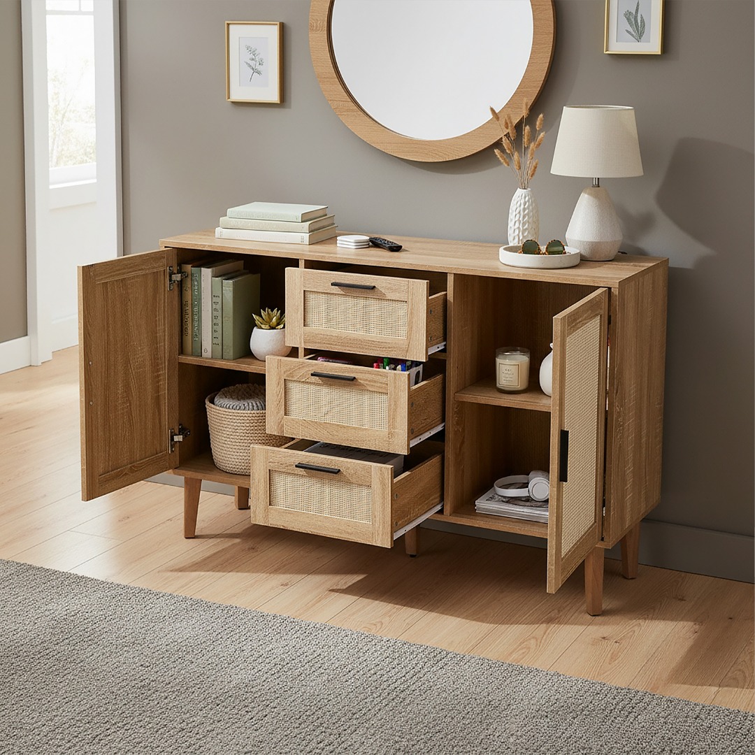 TEMU Living Room Rattan Cabinet With 2 Doors And 3 Drawers, Large Capacity Sideboard Storage Unit, Metal , Sturdy Wooden Foot Base, , 120*39*80cm