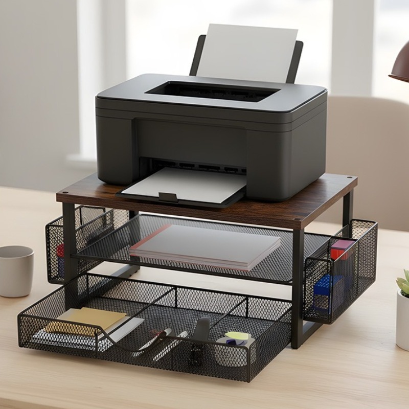 TEMU Printer Stand With Drawer, Office Desk Organiser Featuring 2 Pen Holders, An A4 Paper Holder, 3 Separate Compartments And A Pull-out Drawer