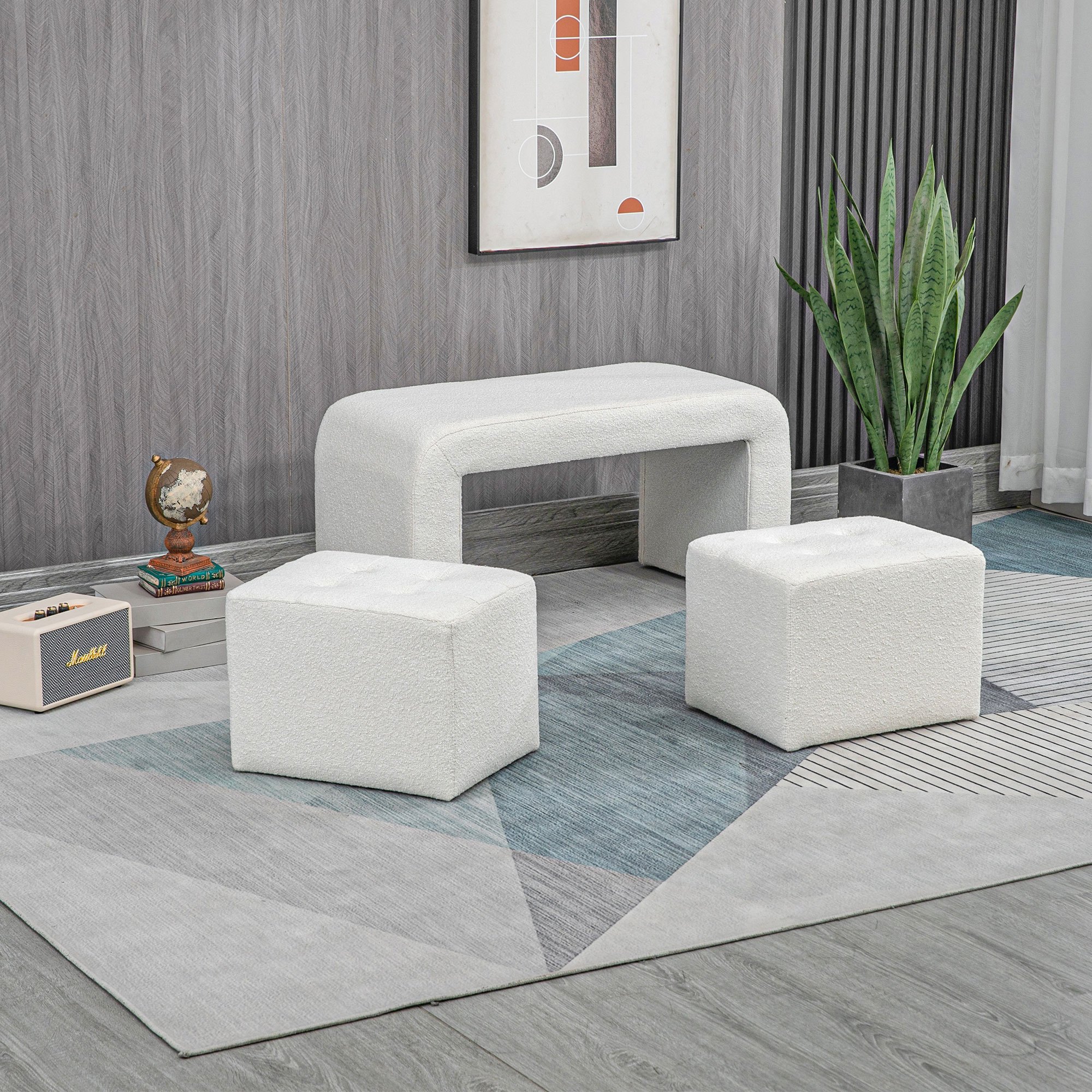 Image of Footstool Set Of 3, Stool, Ottoman With 3 Stools, Footrest, Upholstered Stool For Living Room, Bedroom, White, , Comfortable Seating, Structure, Skin-friendly Fabric