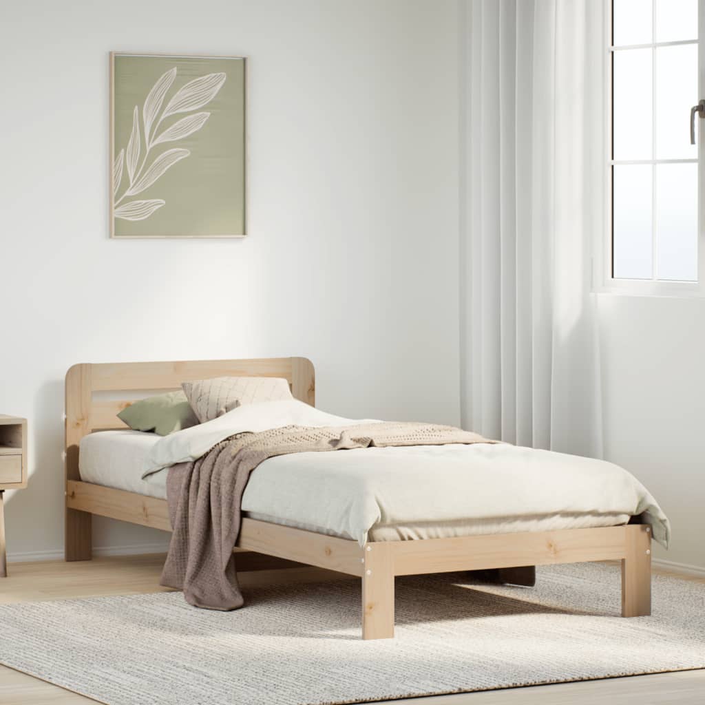 Image of Vidaxl Solid Wood Bed, Wood Bed Without Mattress, Bed Frame With Headboard Slats, Single Bed For Bedroom, 90x200cm Pine Wood