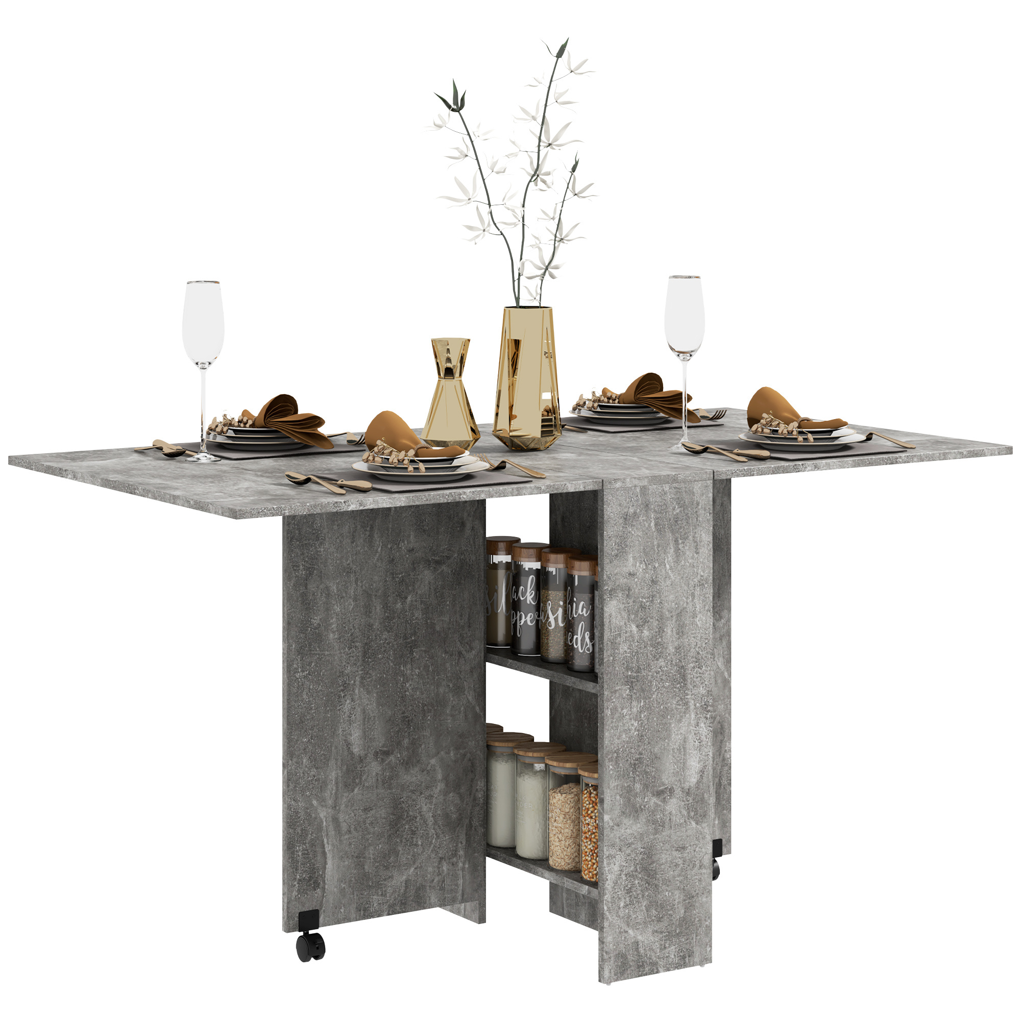Homcom Folding Kitchen Dining Table With Removable Top, Wheels, 75l X 140w X 74h Cm, 2 Integrated Wooden Shelves, Grey