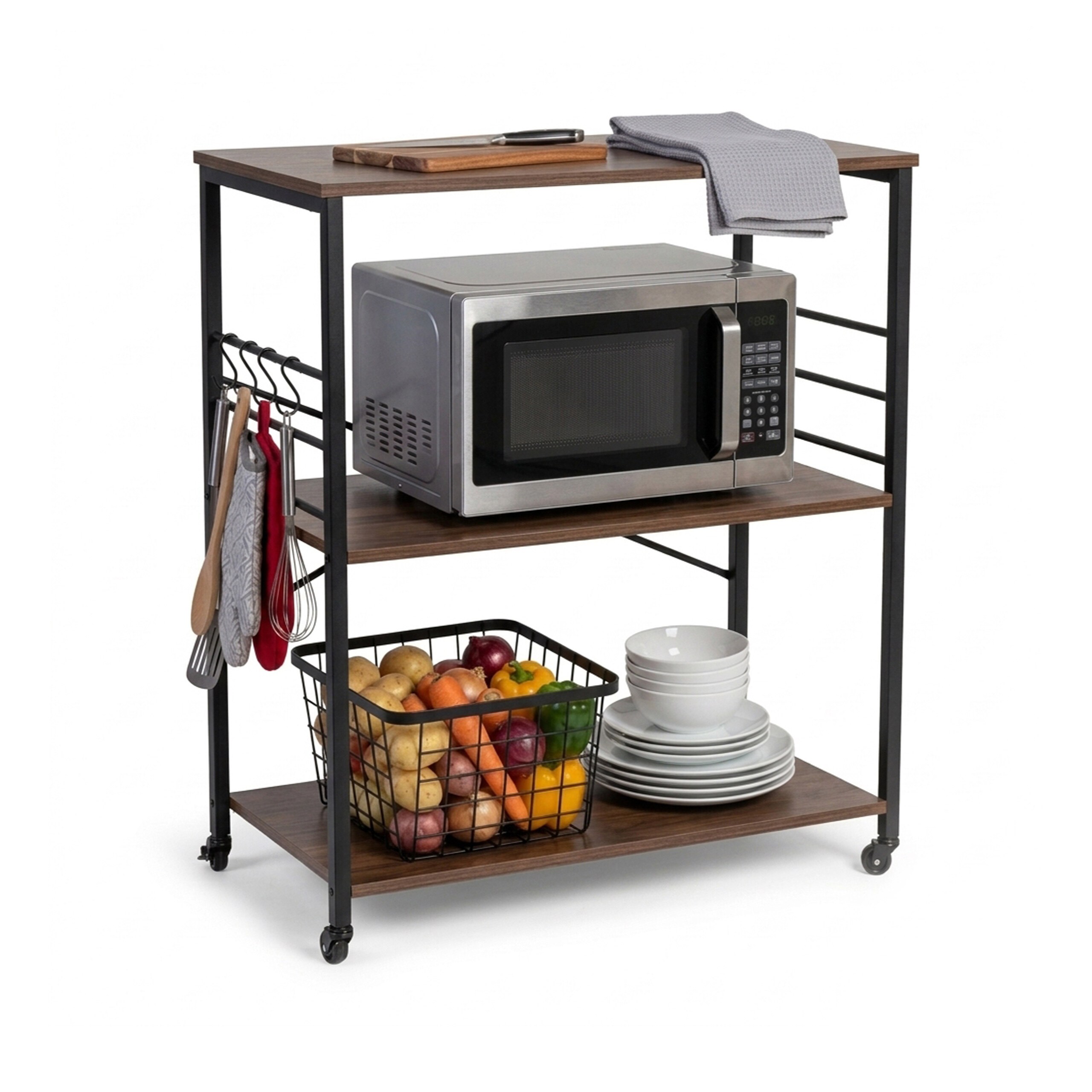 Image of Kitchen Cart Industrial, 3 Shelves, 6 S-hooks, 89 X 80 X 40 Cm, And Steel, 4 Wheels With 2 Fixed Brakes, For Kitchen, Dining Room And Living Room, Serving Cart, Microwave Shelf, Roll Cart, Relaxdays