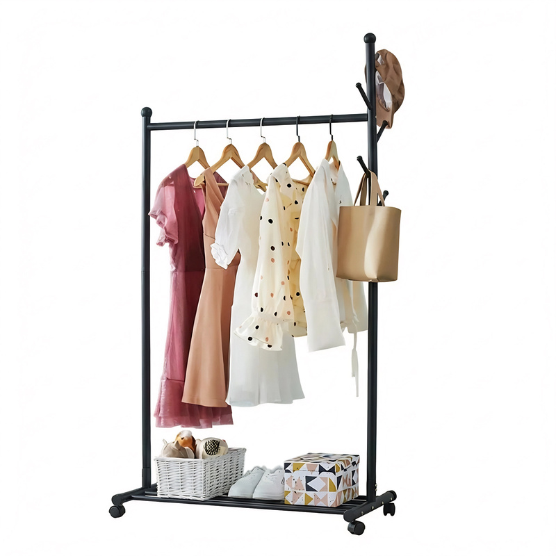 Image of Thaookte Clothes Rail, Portable Clothes Rack With Hook And Metal Storage Shelf, Heavy Duty Clothes Rail On Wheels, Clothing Rail Clothes Rails For Bedroom, Hanging Rails For Clothes, Black