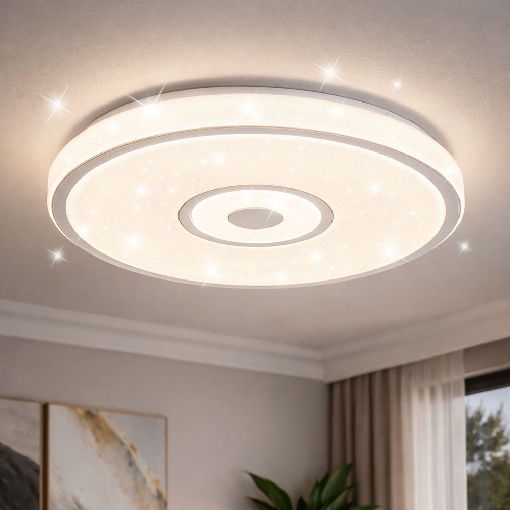 E-shop LED Deckenleuchte weiß Deckenlampe Sternenhimmeleffekt Wohnzimmerleuchte rund, Metall, 24W 1400Lm neutralweiß, DxH 38x6,5 cm Modell 41264K