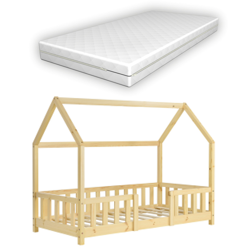 Image of Children's Bed In House Design With Mattress And Drop-side Protection, Pine Wood