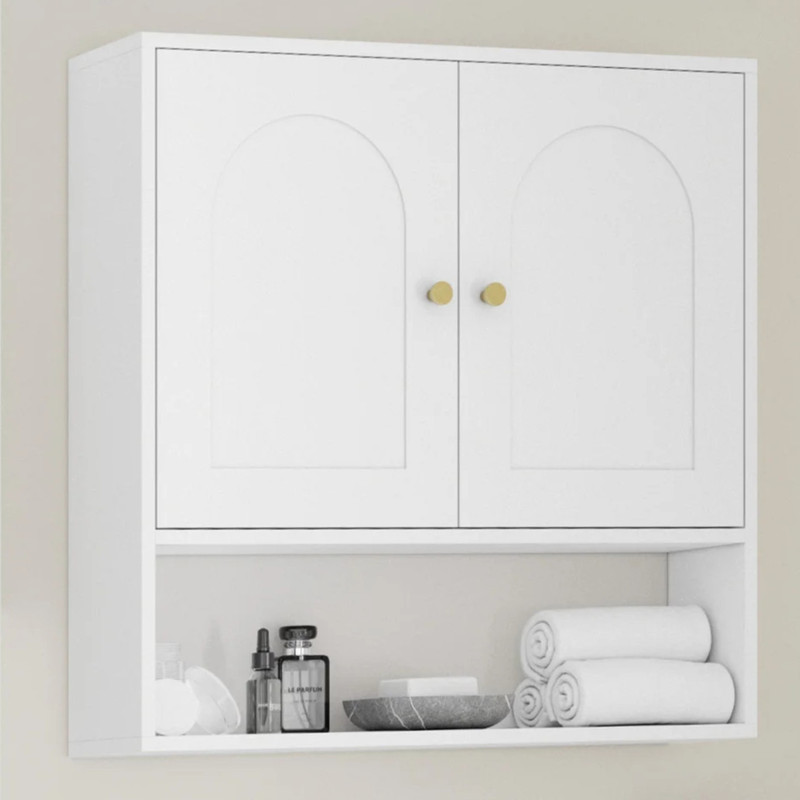 TEMU Meuble de rangement suspendu pour salle de bain armoire murale 2 portes et étagère bois blanc