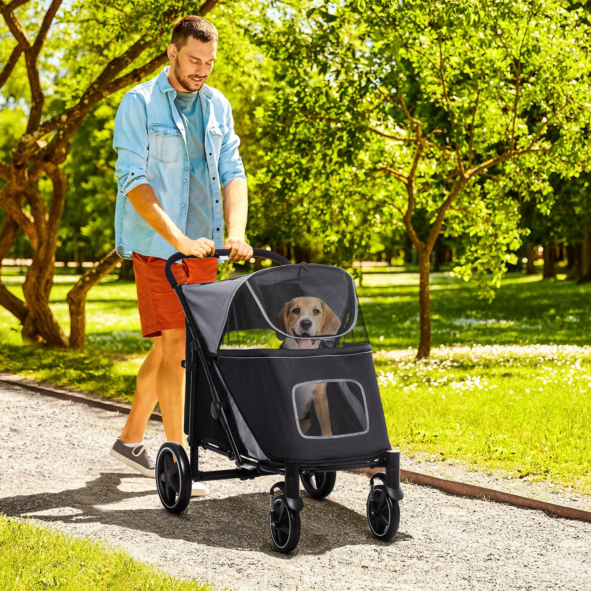 Image of Dog Strollers For Large And Medium-sized Dogs, Dog Buggy With Cushion, Foldable Dog Trolley With Mesh Window, Safety Leashes, Bag, Cat Buggy, Dog Trolley, Oxford Fabric, Grey