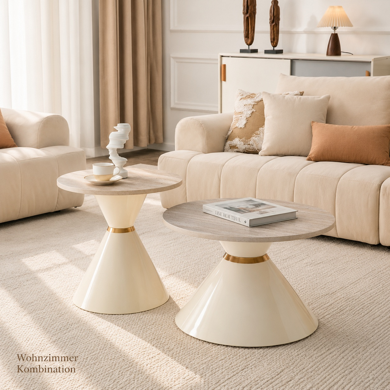 Image of 2nd Nesting Coffee Table Set, Round Coffee Table With Light Wood Surface, Cream White Funnel-shaped Legs With Gold Ring, Space-saving Side Table Combination For Living Room Bedroom