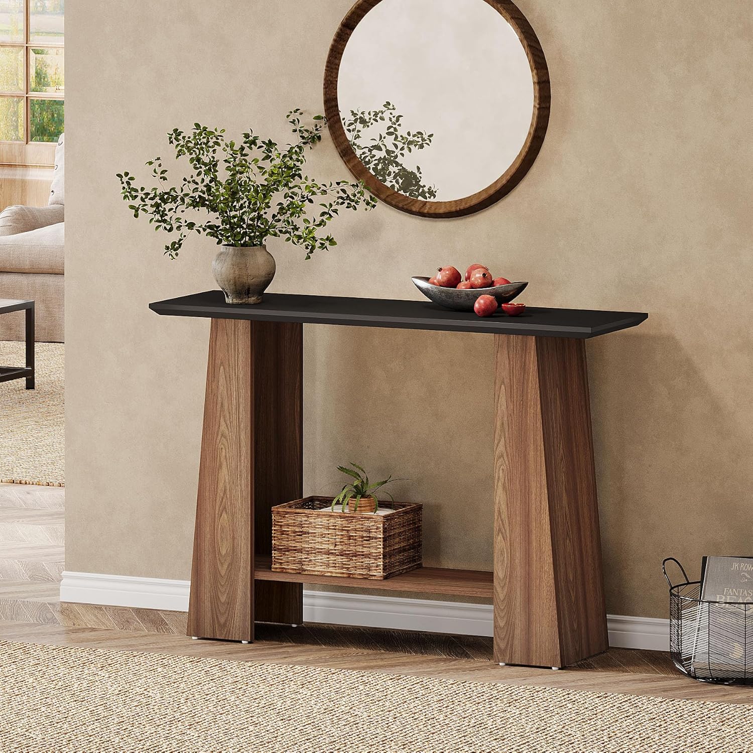 Image of Vintage 120 Cm Console Table For Entryway, Mid-century Modern 2-tier Narrow Wooden Sofa Table Behind Couch With Storage Shelf For Living Room, Hallway, Foyer, Small Spaces, Black & Walnut